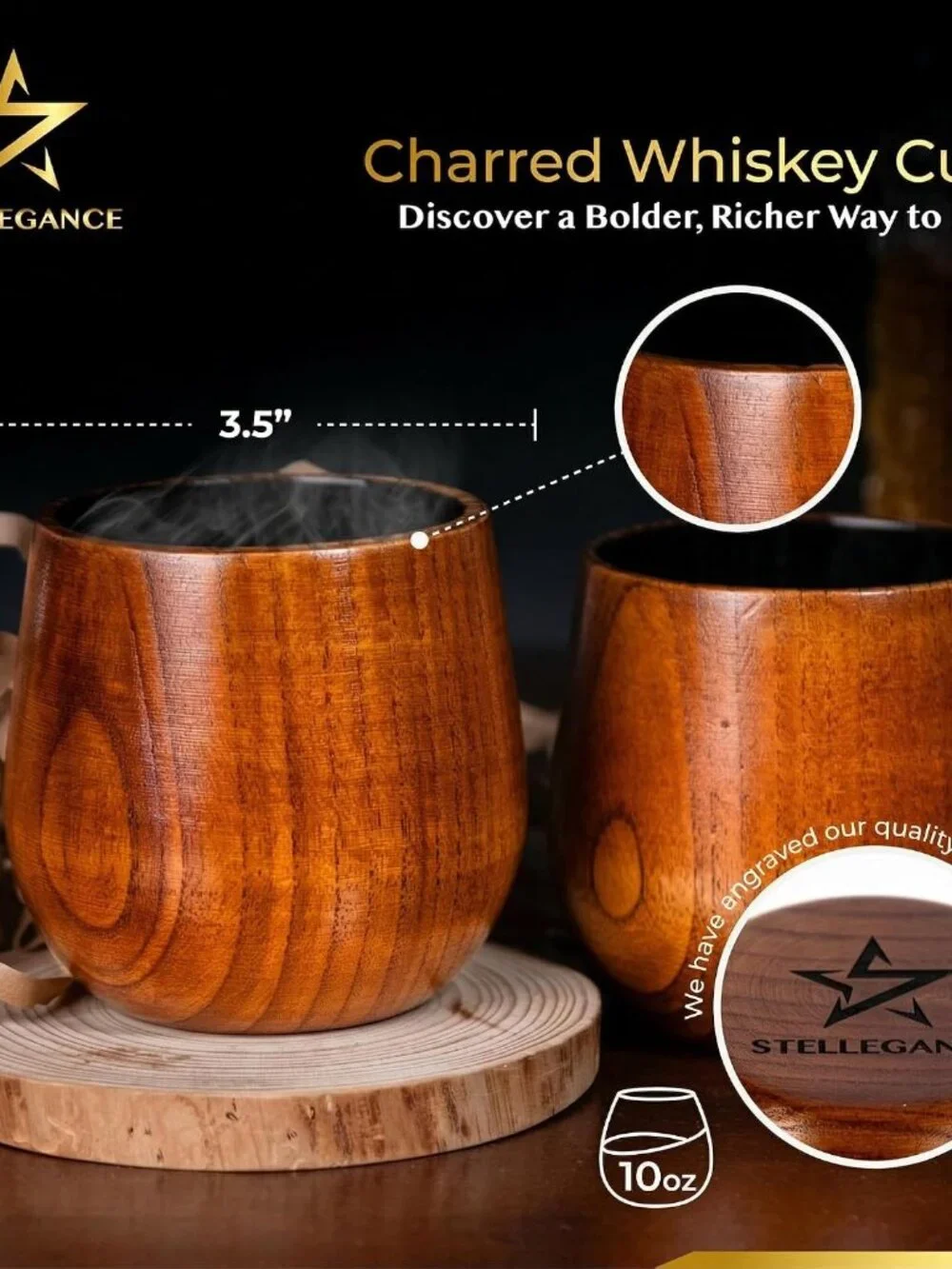 Charred Artisan Wooden Bourbon Drinking Tumbler Set 10 oz, Whiskey Stones, Tongs